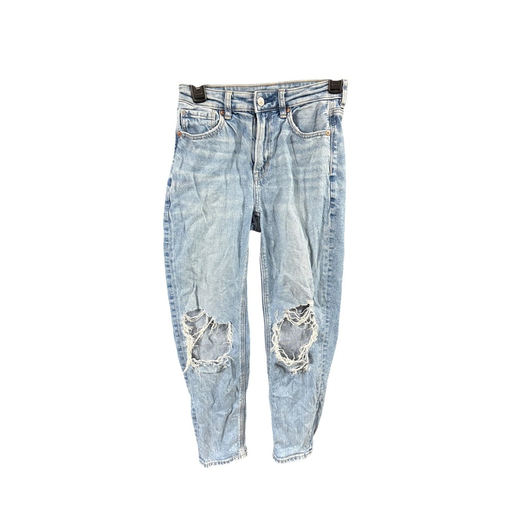 American Eagle Strigid Mom Jeans Light Wash‎ Distressed 00 Short High Rise Denim